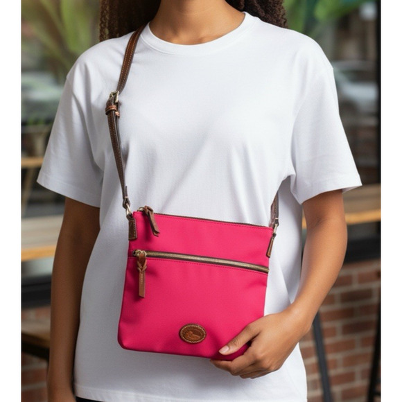 Dooney & Bourke Handbags - Dooney & Bourke Nylon Zip Crossbody Shoulder Bag Fuchsia Pink Leather Purse